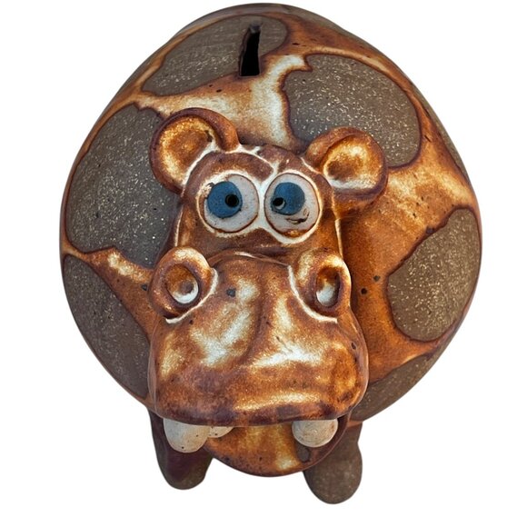 Hippo Coin Bank With Hand-Painted Details Glossy & Matte Finish 1970s Ceramic - Picture 2 of 11